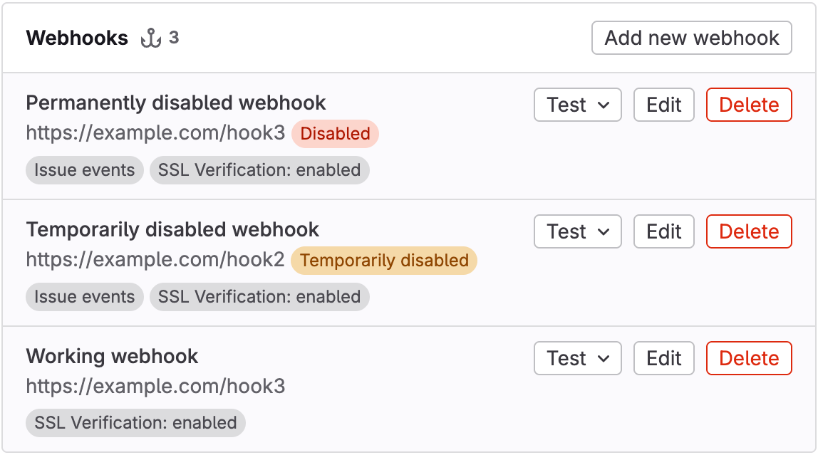 Webhook list showing disabled and temporarily disabled status badges.